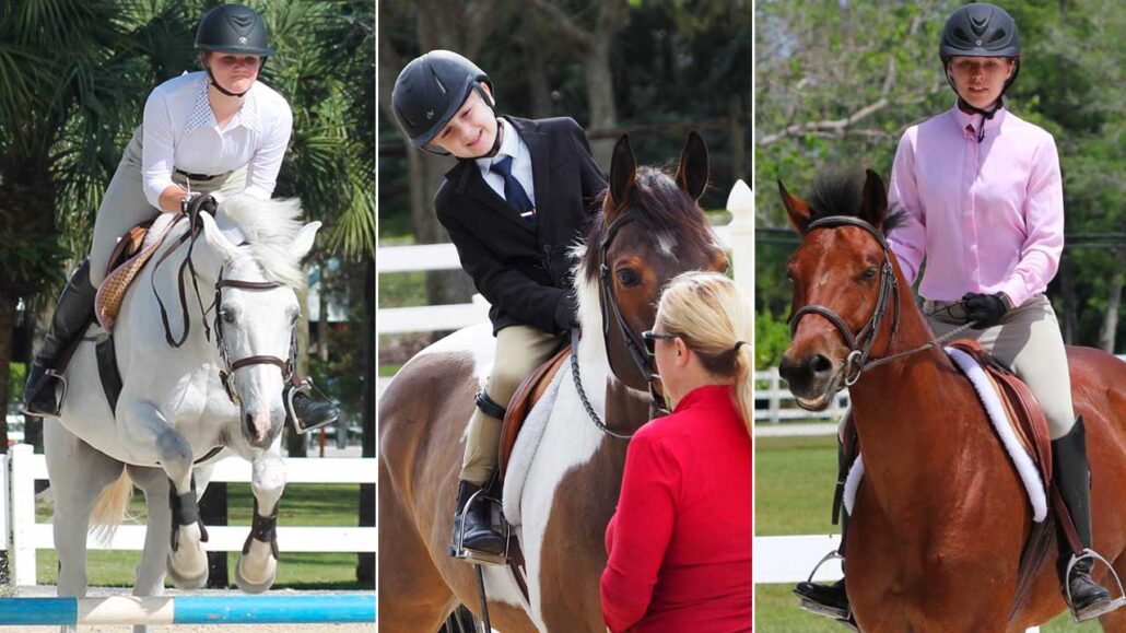 Group of three images showing different classes of Parkland Horseman's Association hunter/jumper show. White horse with young girl going over a jump, parent and young rider in leadline class, and teen rider in equitation class.